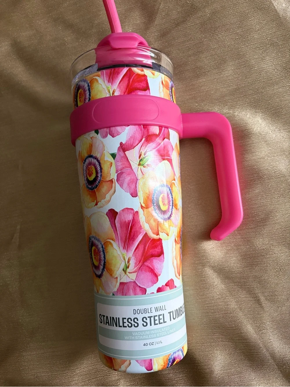 Floral Pink Stainless Steel Tumbler with Handle and Straw